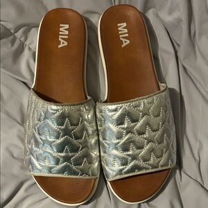 MIA Women's Silver Quilted Slide Sandals